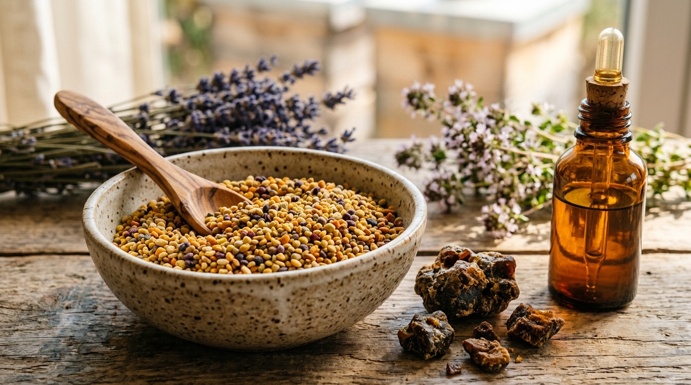Seramik Kasede Çok Çiçekli Taze Polen Taneleri, Ham Propolis ve Damlalıklı Propolis Özütü